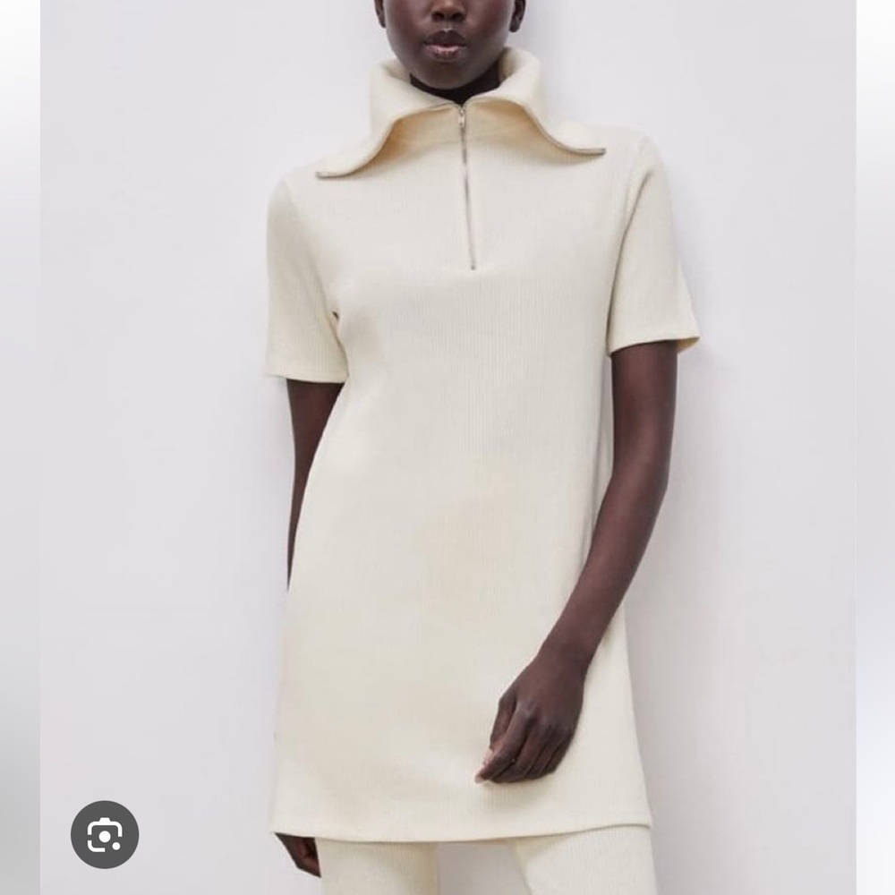 ZARA Sweater Dress Ivory Short Sleeves Quarter Zip Ribbed Knit Size Size M - Picture 2 of 11